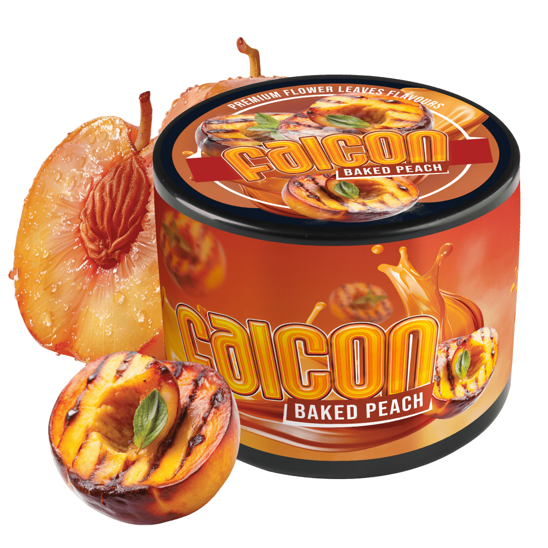 Falcon Baked Peach aromalı 250 gram nargile ürünü, közlenmiş şeftali dilimleriyle