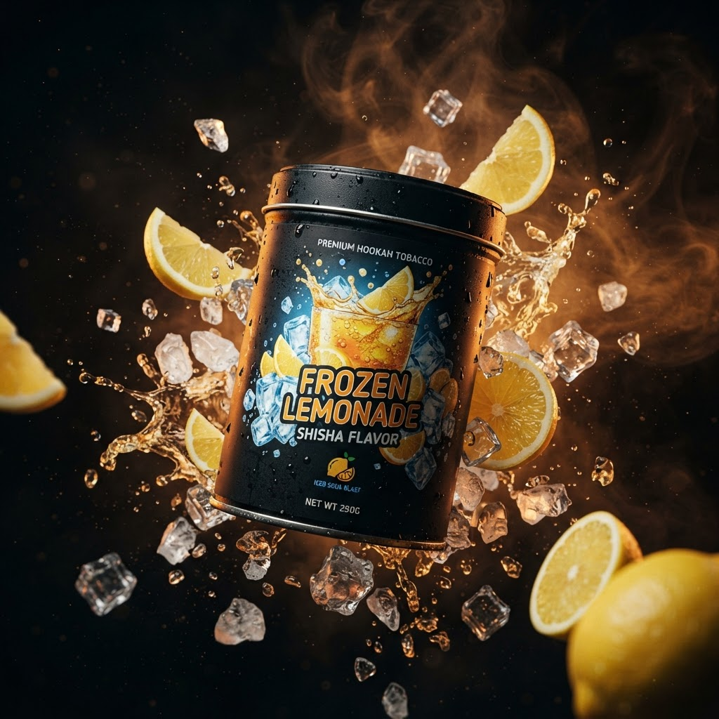 Falcon Lemon Soda aromalı nargile ürünü, buz küpleri ve limon dilimleriyle